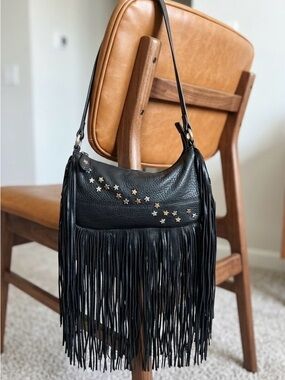 Wilsons Leather Black Fringe Shoulder Bag with Gold and Silver Star Studs